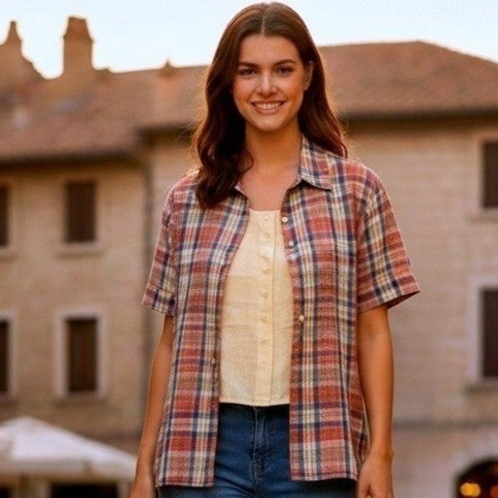 Liz Claiborne 2 Piece Shirt Set‎ Womens Petite M Red Plaid Button Up Shell Tank